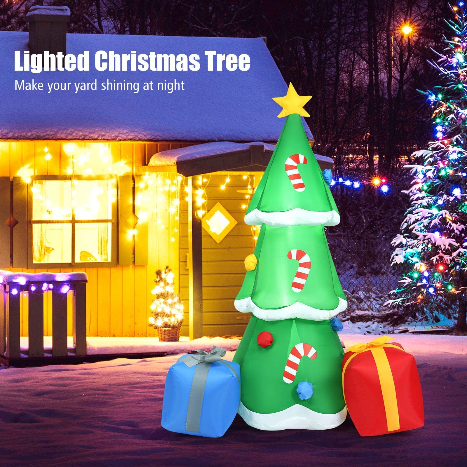 Tangkula Inflatable Christmas Tree, LED Lights, Built-in Sandbags & Stakes, Indoor Outdoor Holiday Decor